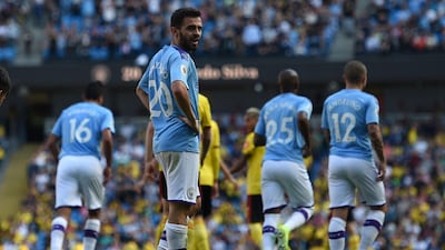 Manchester City's Portuguese midfielder Bernardo Silva celebrates after he scores the team's sixth goal. AFP