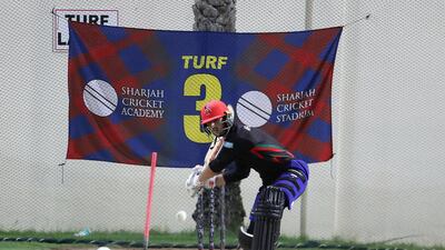 Hassan Khan doing net practice at the Sharjah Cricket Stadium.