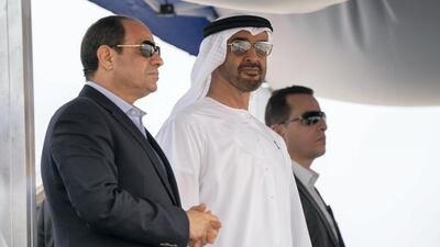 Sheikh Mohamed and President Sisi inspect projects at Al Alamein city. Rashed Al Mansoori / Ministry of Presidential Affairs