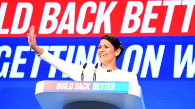 Britain's Home Secretary Priti Patel delivers a speech to the Conservative party conference in Manchester. EPA