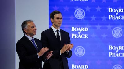 US special envoy Steve Witkoff, left, and senior adviser Jared Kushner at the charter announcement of the Board of Peace initiative, at the World Economic Forum in Davos. Reuters