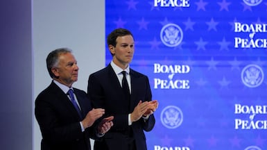 US special envoy Steve Witkoff, and Jared Kushner, US President Donald Trump's son-in-law, at the charter announcement for the Board of Peace initiative at World Economic Forum, in Davos, Switzerland, on January 22, 2026. Reuters