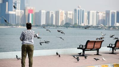 Families feed pigeons during the 51st National Day long weekend in Abu Dhabi. Khushnum Bhandari / The National