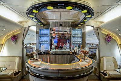 The lounge in the newly retrofitted A380, which went from two cabin classes to three. Photo: Emirates