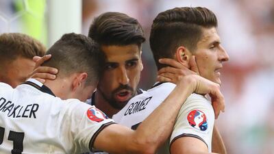 Mario Gomez celebrates scoring his team’s second goal. Alexander Hassenstein / Getty Images