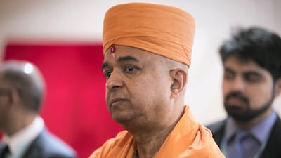 The shilanyas vidhi of the first traditional Hindu temple in the UAE is performed in the holy presence of His Holiness Mahant Swami Maharaj, the spiritual leader of BAPS Swaminarayan Sanstha.