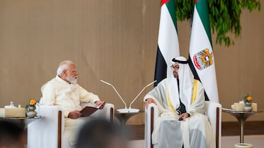 ABU DHABI, UNITED ARAB EMIRATES - May 15, 2026: HH Sheikh Mohamed bin Zayed Al Nahyan, President of the United Arab Emirates (R), meets with HE Narendra Modi, Prime Minister of India (L), during an official visit reception. ( Abdulla Al Bedwawi / UAE Presidential Court ) ---