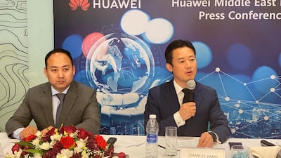 Charles Yang (R), Huawei’s Middle East president, and Li Xiangyu (L), Vice President of Huawei Middle East speak at a media briefing in Oman last year. Alkesh Sharma / The National