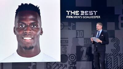 Peter Schmeichel announces The Best FIFA Men's Goalkeeper 2021 award winner Edouard Mendy of Chelsea. AP