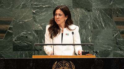 Lana Nusseibeh, UAE Assistant Minister for Political Affairs and Envoy of the Minister of Foreign Affairs, addresses the UN General Assembly. EPA