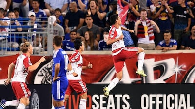 New York Red Bulls midfielder Sean Davis celebrates scoring against Chelsea on Wednesday in a 4-2 victory over the London club as they tour North America in their pre-season. Jewel Samad / AFP