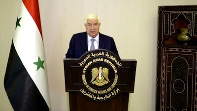 Syria's Deputy Prime Minister Walid Muallem speaks in a pre-recorded message which was played during the 75th session of the United Nations General Assembly. (UNTV via AP)