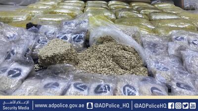 Police released this image of the almost four million Captagon pills they seized in two operations in the capital. Abu Dhabi Police
