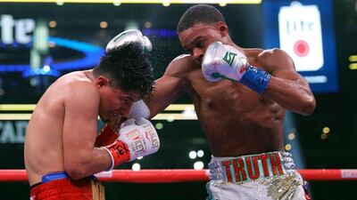 Errol Spence Jr, right, dominated Mikey Garcia over 12 rounds in their IBF world welterweight title fight in Dallas in May. AP Photo