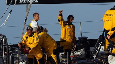 Adil Khalid gives the thumbs up after finishing leg two of the Volvo Ocean Race, Khalid was at the helm at the finish line as they complete leg two, Cape Town South Africa to Abu Dhabi United Arab Emirates of the . Mike Young / The National