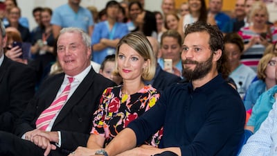 Northern Irish actor Jamie Dornan with his sister Jessica and father Dr Jim Dornan at Pancreatic Cancer charity NIPanC launch at the Mater Hospital in Belfast.. Liam McBurney / PA via Getty Images