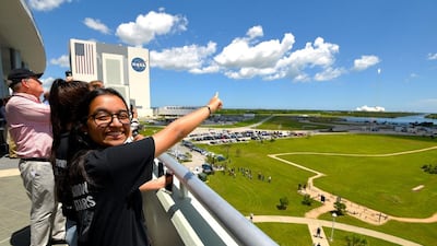 Alia Al Mansoori watches her experiment be launched into space in the Space X Falcon 9 rocket in August last year. Scott A Miller / The National