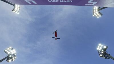 China's Wu Chao jumps during men's freestyle skiing aerials training at the Rosa Khutor Extreme Park in Krasnaya Polyana on Saturday. Andy Wong / AP