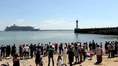 Harmony of the Seas is headed for Southampton in southern England and is to embark on its official maiden voyage on May 22 to its new home port of Barcelona. Edward Boone / EPA