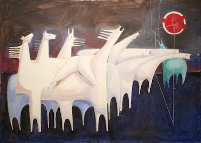 Fatigued Ten Horses Converse with Nothing by Kadhim Hayder, painted in 1965. Photo: Jameel Arts Centre