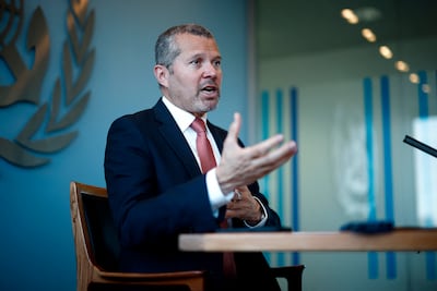 Secretary-General of the IMO Arsenio Dominguez briefing reporters on Monday. AFP