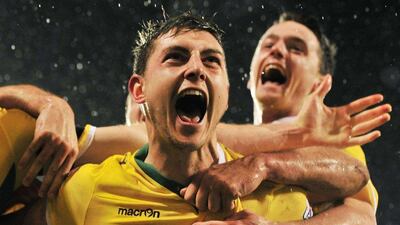 Shaun Miller, centre, celebrates after scoring the winning goal at the 120th minute for Sheffield United on Tuesday nigt. Glyn Kirk / AFP