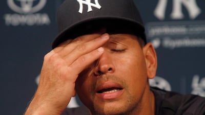 epa03814190 New York Yankees third baseman Alex Rodriguez pauses while answering a question during a news conference before the Yankees MLB game against the Chicago White Sox at US Cellular Field in Chicago, Illinois, USA, 05 August 2013. Rodriguez is said to be the lone holdout among 14 MLB players who have accepted suspensions for violating the league's policy against performance enhancing drugs. Major League Baseball suspended Rodriguez for 211 games for violating MLB's doping rules. EPA/FRANK POLICH *** Local Caption *** 03814190.jpg