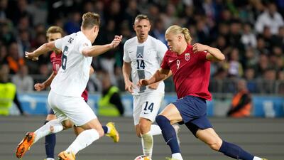 Erling Haaland takes on Slovenia's Jaka Bijol during the Uefa Nations League match. AP