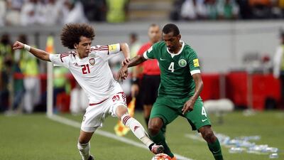 Saudi player Abdulla Al-Dossary (R) fights for the ball with Omar Abdul-Rahman (L) player of United Arab Emirates (UAE) during the FIFA World Cup 2018 Asian qualifying Group A soccer match between UAE and Saudi Arabia at Mohammed Bin Zayed Stadium- Aljazira Club in Abu Dhabi, United Arab Emirates on 29 March 2016. EPA/ALI HAIDER