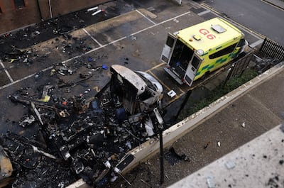 The burnt remains of a Jewish charity ambulance in London. EPA