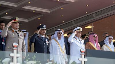 EL HAMAM, MATROUH GOVERNORATE, EGYPT - July 22, 2017: HH Sheikh Hazza bin Zayed Al Nahyan, Vice Chairman of the Abu Dhabi Executive Council (4th R) and HH Lt General Sheikh Saif bin Zayed Al Nahyan, UAE Deputy Prime Minister and Minister of Interior (R), stand for the national anthem during the inauguration of the Mohamed Naguib Military Base. Seen with General Mahmoud Hegazy Chief of Staff of the Armed Forces of Egypt (L). ( Rashed Al Mansoori / Crown Prince Court - Abu Dhabi ) ---