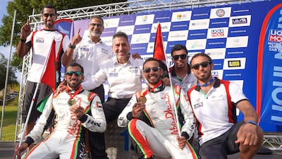 UAE's Rashed Al Qemzi and Mansoor Al Mansoori with Team Abu Dhabi members. Al Qemzi won the UIM F2 world championship for a record fifth time in Portugal. All photos: Abu Dhabi Marine Sports Club