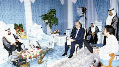 Sheikh Zayed is interviewed during his visit to China in 1990. Courtesy National Archives