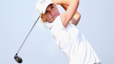 Olafia Kristinsdottir of Iceland tees of on the 18th hole during the first round of the Fatima bint Mubarak Ladies Open at Saadiyat Beach Golf Club on November 2, 2016 in Abu Dhabi,. Francois Nel / Getty Images