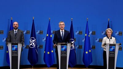 From left, European Council President Charles Michel, Nato Secretary General Jens Stoltenberg and European Commission President Ursula von der Leyen signed a declaration of co-operation. AFP