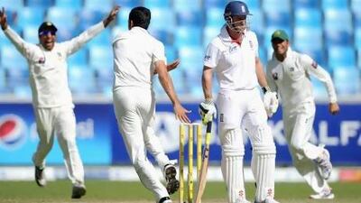 Pakistan celebrate the dismissal of Andrew Strauss whose England side struggled in the the UAE earlier this year. Gareth Copley / Getty Images