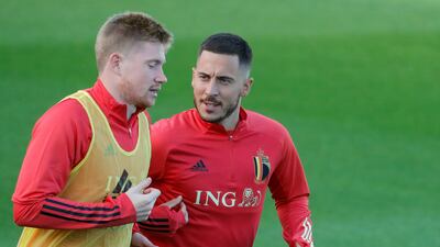 Belgian players Kevin De Bruyne and Eden Hazard (R) during a training session ahead of the UEFA Nations League semi final match between Belgium and France on 07 October in Turin in Tubize, Belgium, 05 October 2021. EPA / STEPHANIE LECOCQ