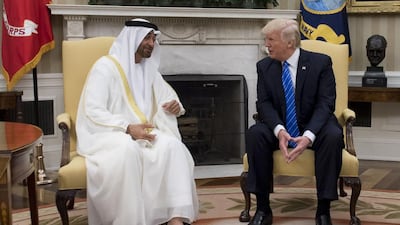 President Donald Trump meets with Sheikh Mohammed bin Zayed, Crown Prince of Abu Dhabi and Deputy Supreme Commander of the Armed Forces, in the Oval Office of the White House in Washington. Saul Loeb / AFP