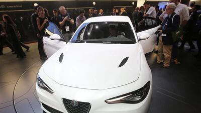 The Alfa Romeo Giulia is a sedan powered by a 3.0 litre V6 turbo that can do 0-100 kph (0-62 mph) in only 3.9 seconds. And perhaps more importantly, it can brake from 100kph to a standstill in less than 32 metres. Maximum speed is 307 kph. The high-performance Quadrifoglio version of the Giulia shown in Frankfurt will sell in Germany for 72,000 euros. Michael Probst / AP Photo