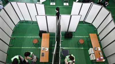 A general view of partitioned rooms are seen at the venue for a Covid-19 coronavirus vaccination drill at the Kawasaki City College of Nursing in Kawasaki. AFP