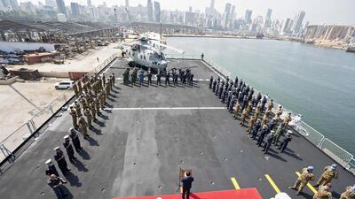 Italian Prime Minister Giuseppe Conte addresses sailors aboard Italian Navy's ship 'San Giusto' during his visit in Beirut, Lebanon. EPA