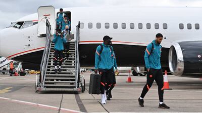 Ruben Loftus-Cheek of Chelsea and teammates arrive at George Best Belfast Airport for the Super Cup match against Villarreal.