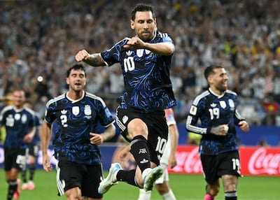 Argentina's Lionel Messi celebrates scoring his team's third against Jordan at the Dallas Stadium. AFP