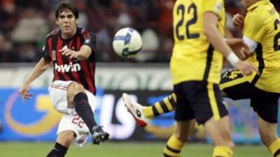 The Brazilian midfielder Kaka scores AC Milan's fourth goal against Lazio at the San Siro.