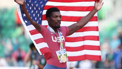 EUGENE, OREGON - JULY 16: Fred Kerley of Team United States celebrates after winning gold in the Men’s 100 Meter Final on day two of the World Athletics Championships Oregon22 at Hayward Field on July 16, 2022 in Eugene, Oregon. Christian Petersen / Getty Images / AFP