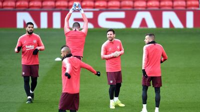Lionel Messi of Barcelona trains during a FC Barcelona training session, on the eve of their Champions League Quarter Final match against Manchester United, at Old Trafford in Manchester, England. Getty