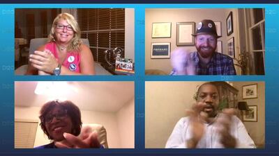 A virtual crowd seen over video links applauds as former U.S. first lady Michelle Obama concludes her remarks in a video grab from the live video feed of the all virtual 2020 Democratic National Convention broadcast from the originally planned site of the convention in Milwaukee, Wisconsin, U.S. REUTERS