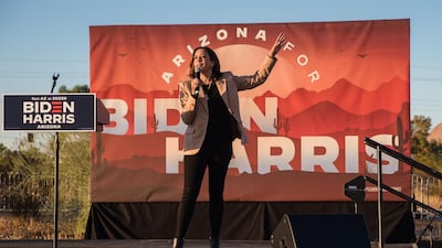 California Senator and Democratic vice presidential nominee Kamala Harris speaks during a drive-in campaign rally in Phoenix, Arizona on October 28, 2020. / AFP / ARIANA DREHSLER