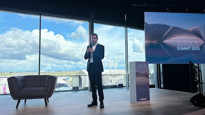 Airbus chief executive Guillaume Faury speaks in Toulouse. Deena Kamel / The National