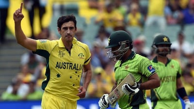 Pakistan's Sarfraz Ahmed walks off after being dismissed by Australia bowler Mitchell Starc on Friday in Australia's 2015 Cricket World Cup quarter-final win. Saeed Khan / AFP / March 20, 2015